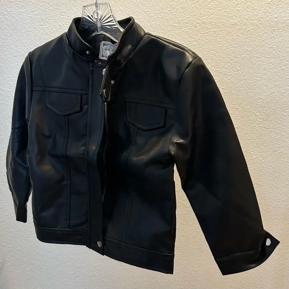 New size 7 kids boy girl pu leather jacket